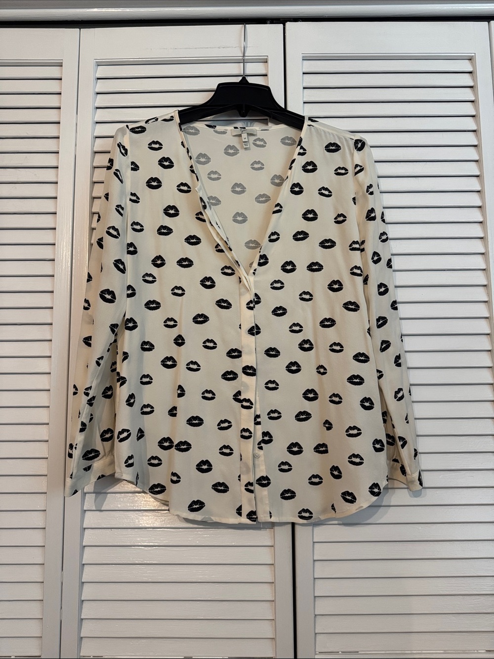 Cream Button-Down Shirt with Black Lip Print